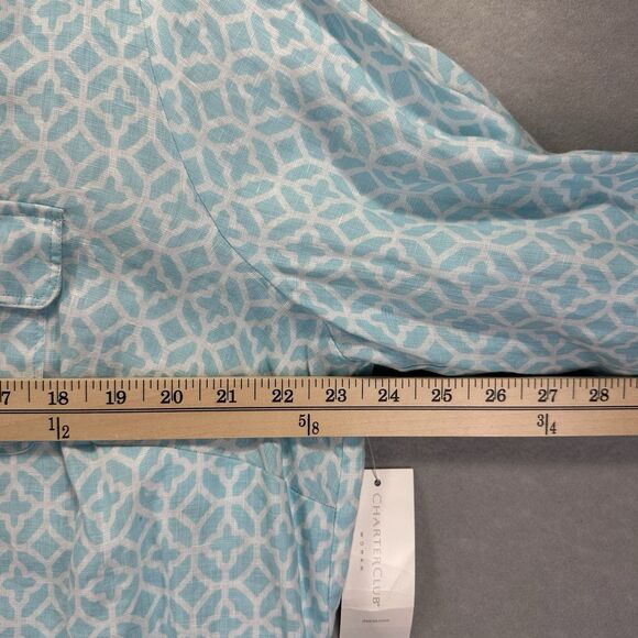 Charter Club Luxury Women’s 100% Linen 2X Blue Pattern Roll tab Sleeve Button Up - Picture 10 of 12